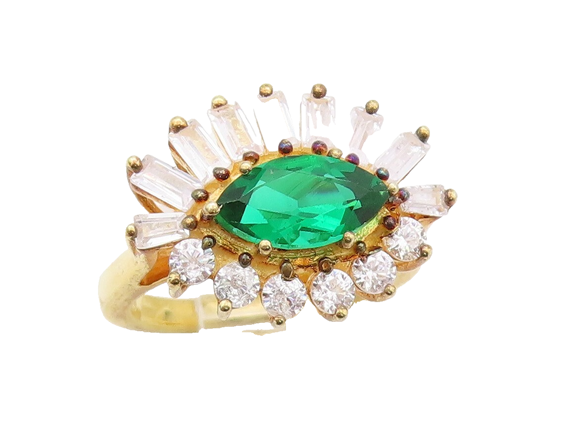925 Sterling Silver Vintage Ring Gold Plated Green White CZ Flower  Sz 6 RG30805