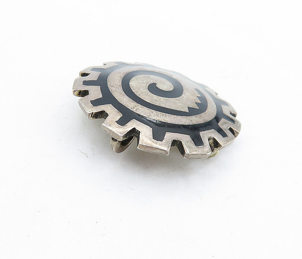 MEXICO 925 Sterling Silver  Vintage Black Onyx Pattern Brooch Pin  BP2108