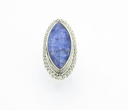 925 Sterling Silver  Sapphire Pointed Oval Shiny Cocktail Ring Sz 7  RG8156