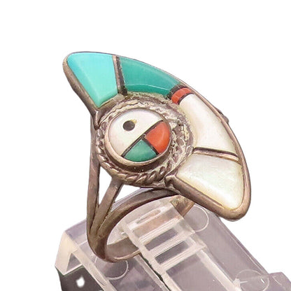 NAVAJO ZUNI 925 Silver  Vintage Inlay Turquoise Half Eye Ring Sz 8  RG26572