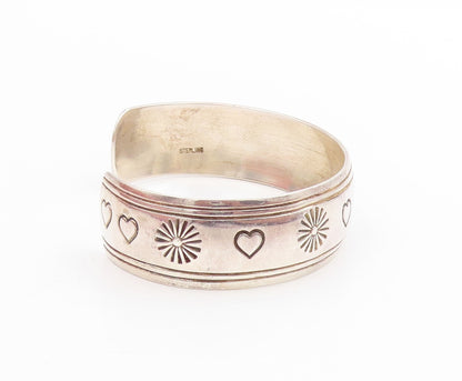 925 Sterling Silver Vintage Bracelet NAVAJO Etched Sun & Love Heart Cuff BT11448