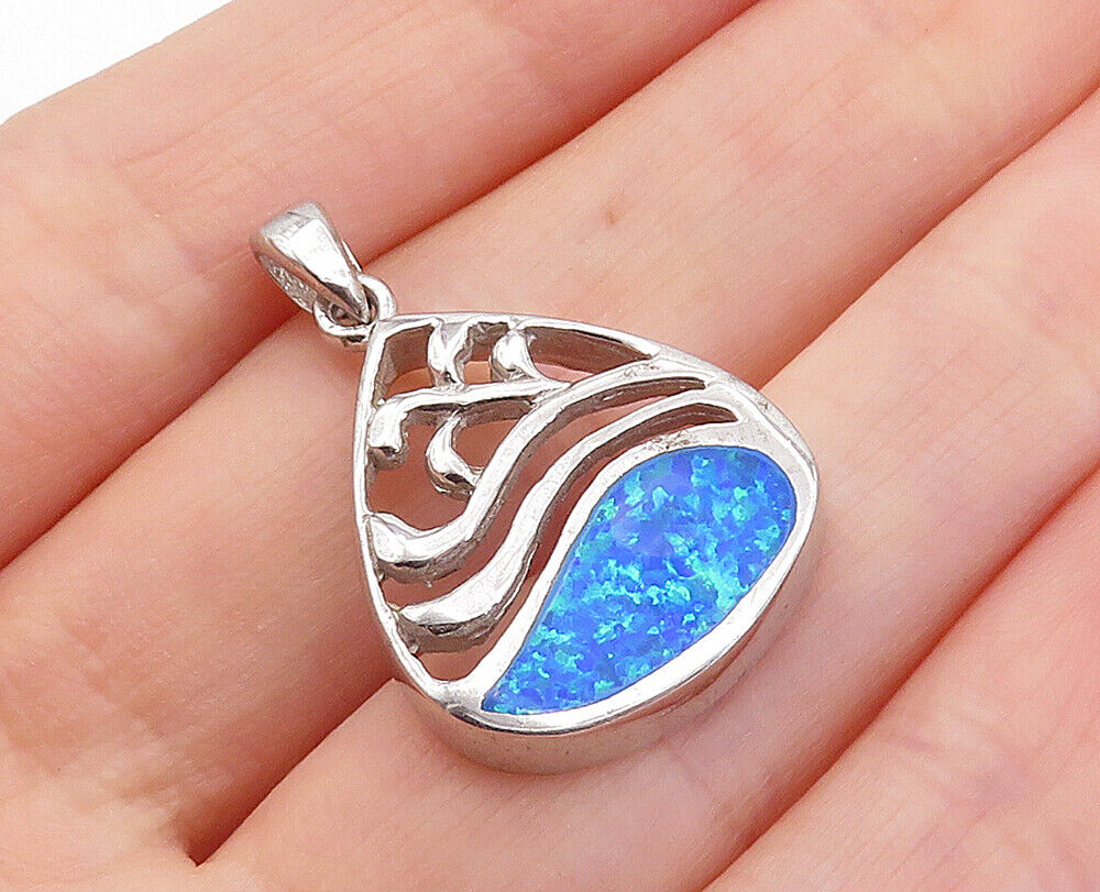 925 Sterling Silver  Petite Shiny Inlaid Blue Fire Opal Cutout Pendant  PT5561