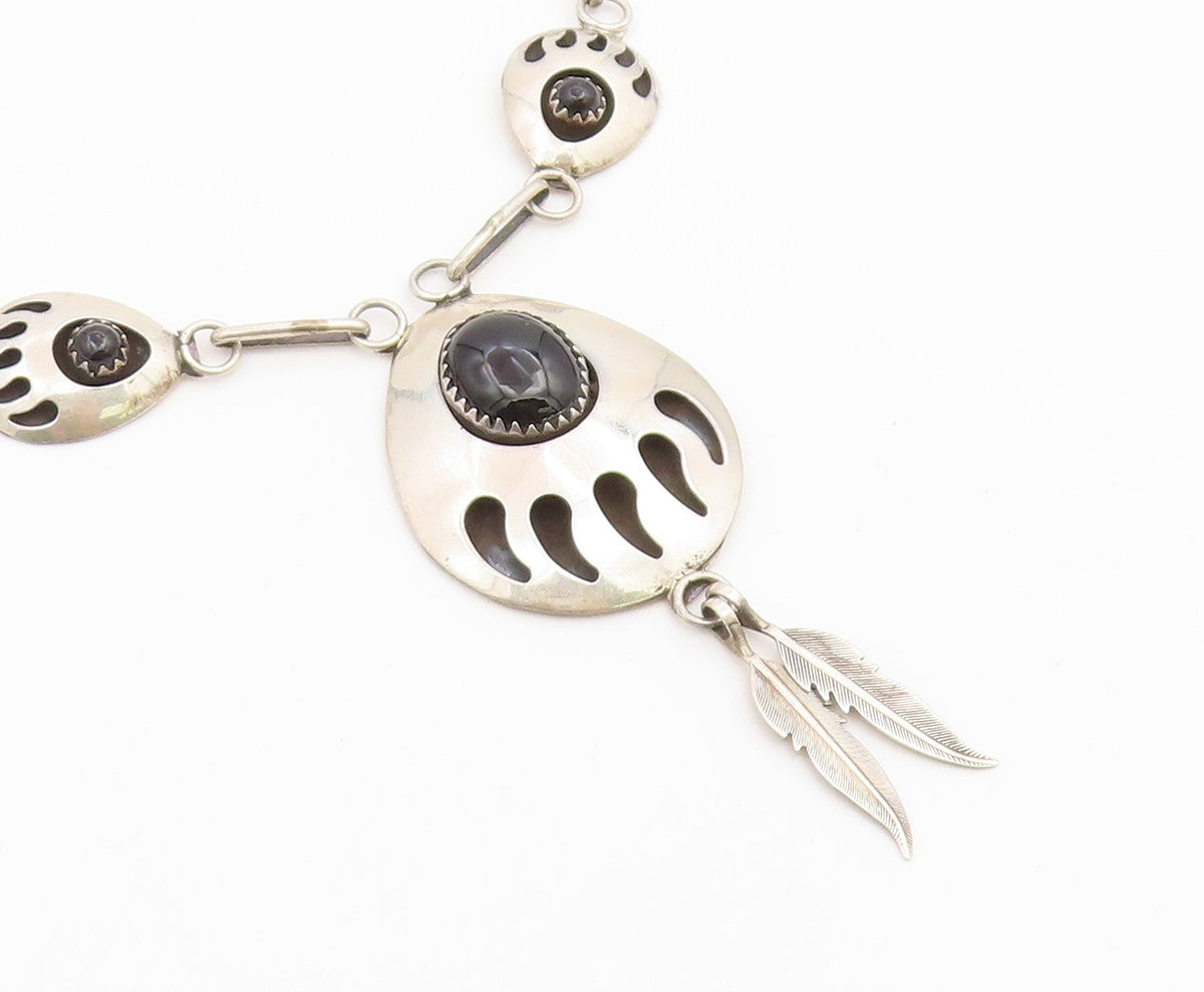 925 Sterling Silver Vintage Necklace NAVAJO Black Onyx Feather Drop Chain NE4908