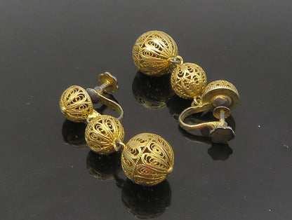925 Sterling Silver  Vintage Triple Sphere Filigree Dangle Earrings  EG11490