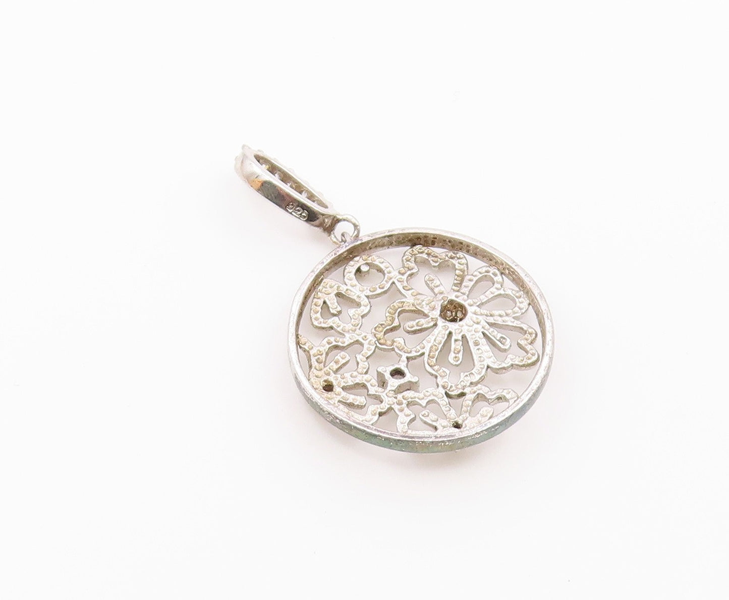 925 Sterling Silver  Vintage Flower Cutout Topaz Drop Pendant  PT20312