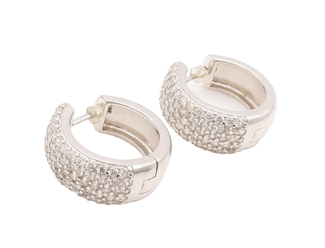 925 Sterling Silver Vintage Earrings Solid Topaz Inlay Broad Hoops  EG12886