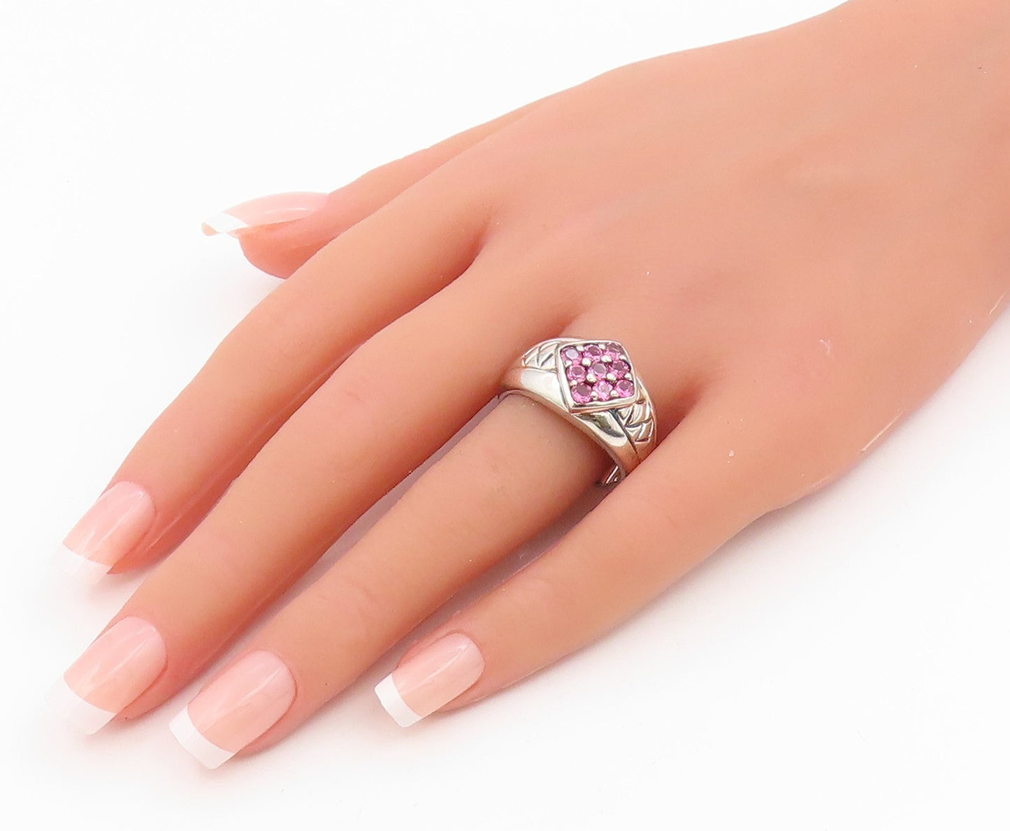 925 Sterling Silver Vintage Ring Round Pink Topaz Statement Band  Sz 10  RG35350