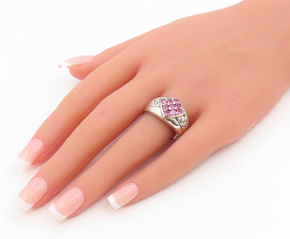 925 Sterling Silver Vintage Ring Round Pink Topaz Statement Band  Sz 10  RG35350