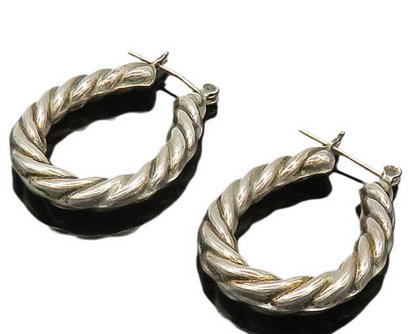 925 Sterling Silver  Vintage Shiny Rope Twist Oval Hoop Earrings  EG10738