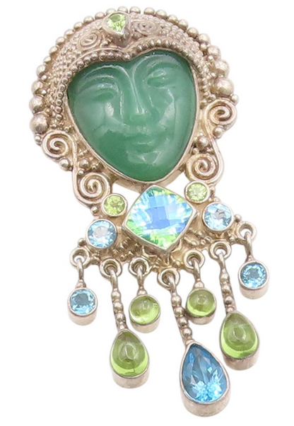 925 Sterling Silver Vintage Brooch Pin SAJEN Multi Gemstone Bali Goddess BP12255