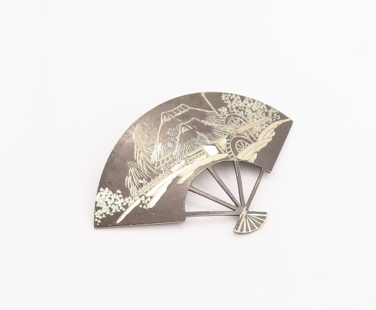 925 Sterling Silver Vintage Brooch Pin 1957 Japan Landscape Etched Fan  BP11090