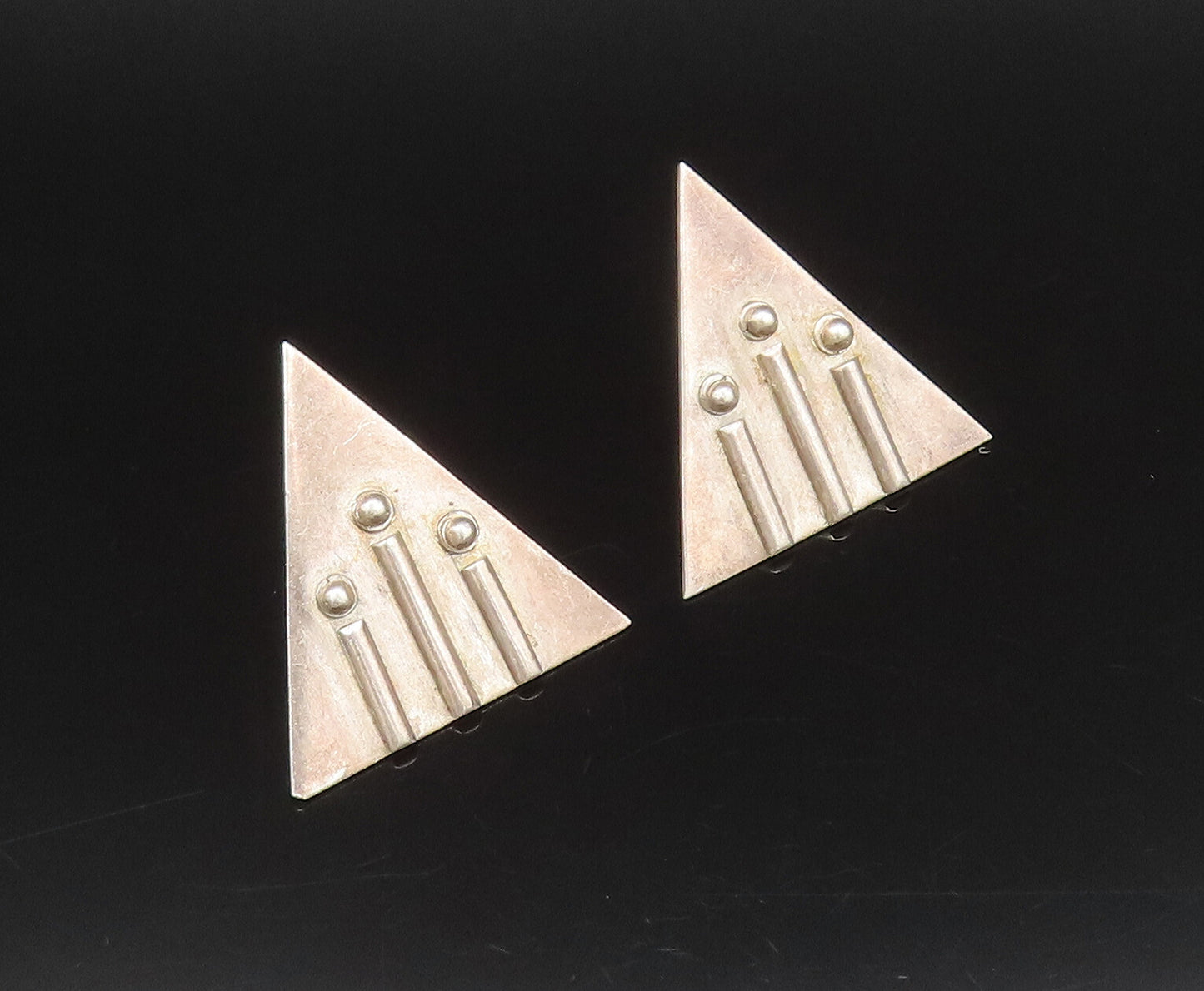 925 Silver  Vintage 3D Lines & Beads Modernist Triangle Earrings  EG12268