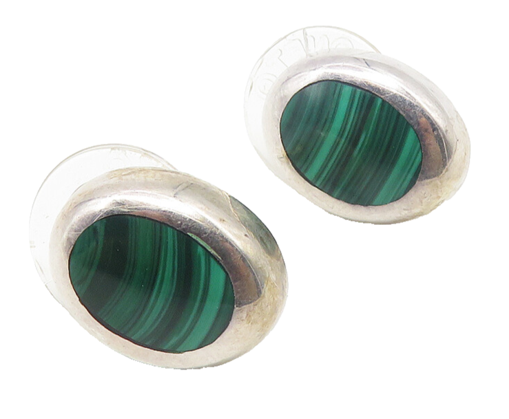 MEXICO 925 Sterling Silver  Vintage Inlaid Malachite Stud Earrings  EG5556