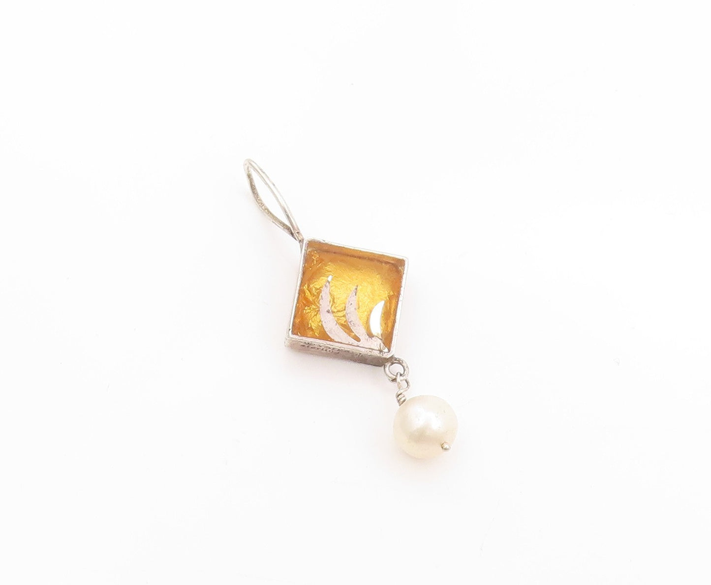 925 Sterling Silver Vintage Pendant VARGA Pearl With Gilded Leaf Charm   PT25002