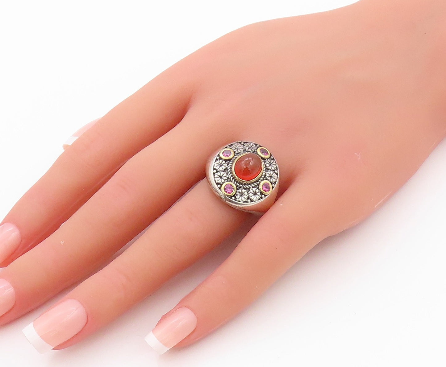14k Gold 925 Sterling Silver Vintage Ring Gemstone Floral Carved SZ 7.5 RG32218
