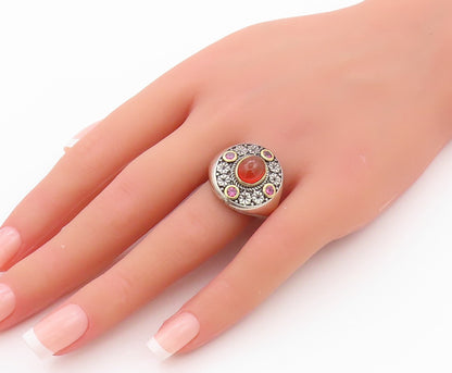 14k Gold 925 Sterling Silver Vintage Ring Gemstone Floral Carved SZ 7.5 RG32218