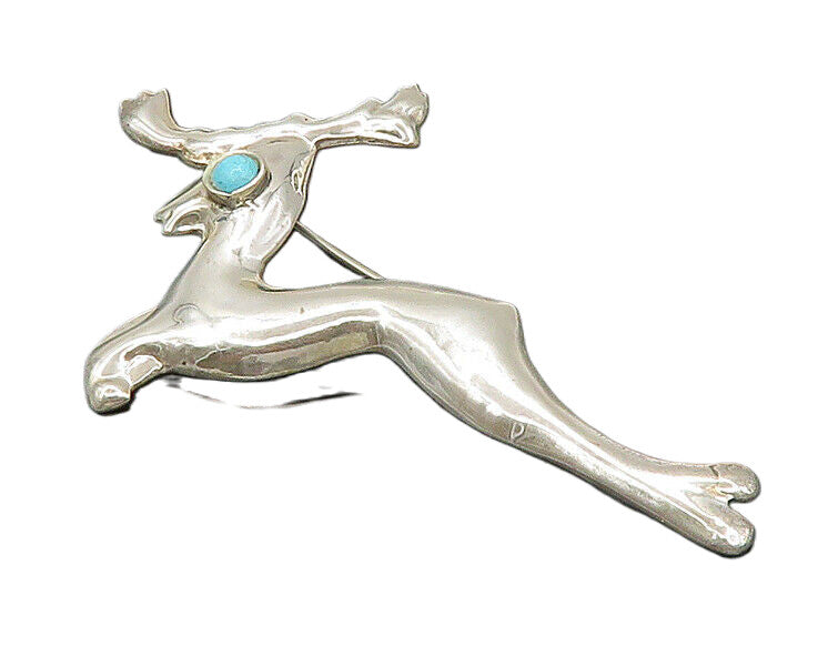 MEXICO 925 Sterling Silver  Vintage Turquoise Eye Reindeer Brooch Pin  BP8262