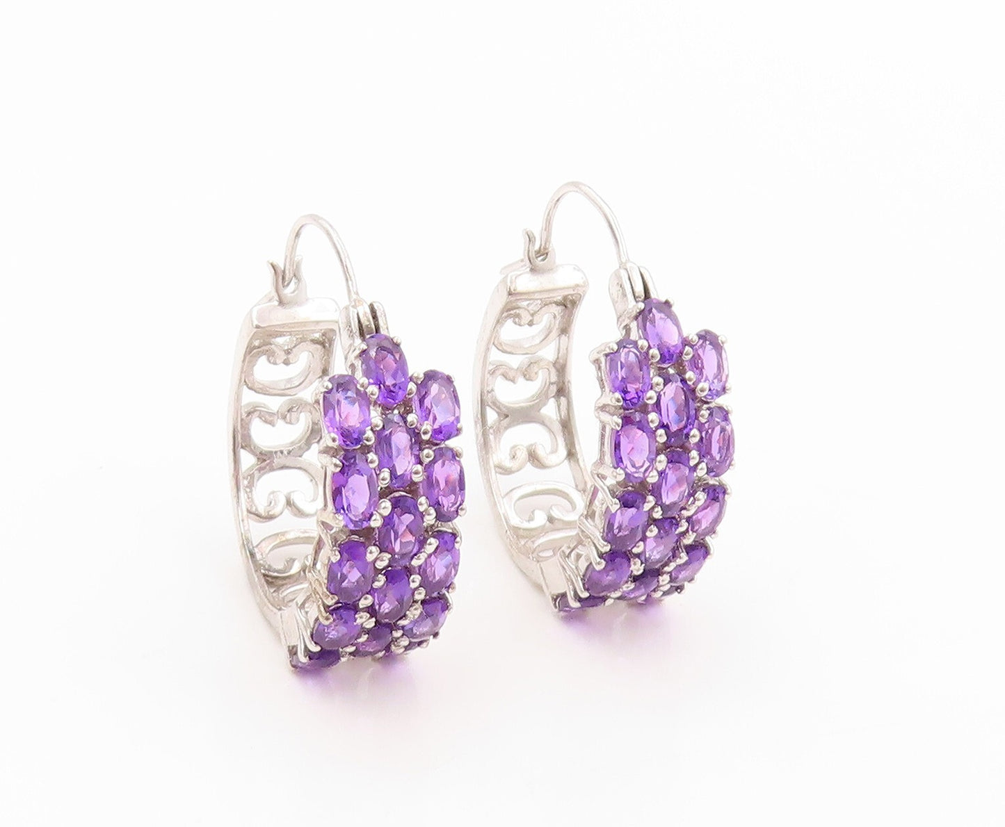 925 Sterling Silver Vintage Earrings Oval Amethyst Inlay Carved Hoops  EG13401