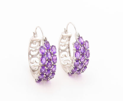 925 Sterling Silver Vintage Earrings Oval Amethyst Inlay Carved Hoops  EG13401