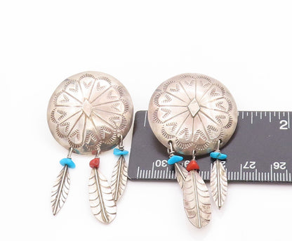 925 Sterling Silver Vintage Earrings SOUTHWESTERN Turquoise Feathers EG13530