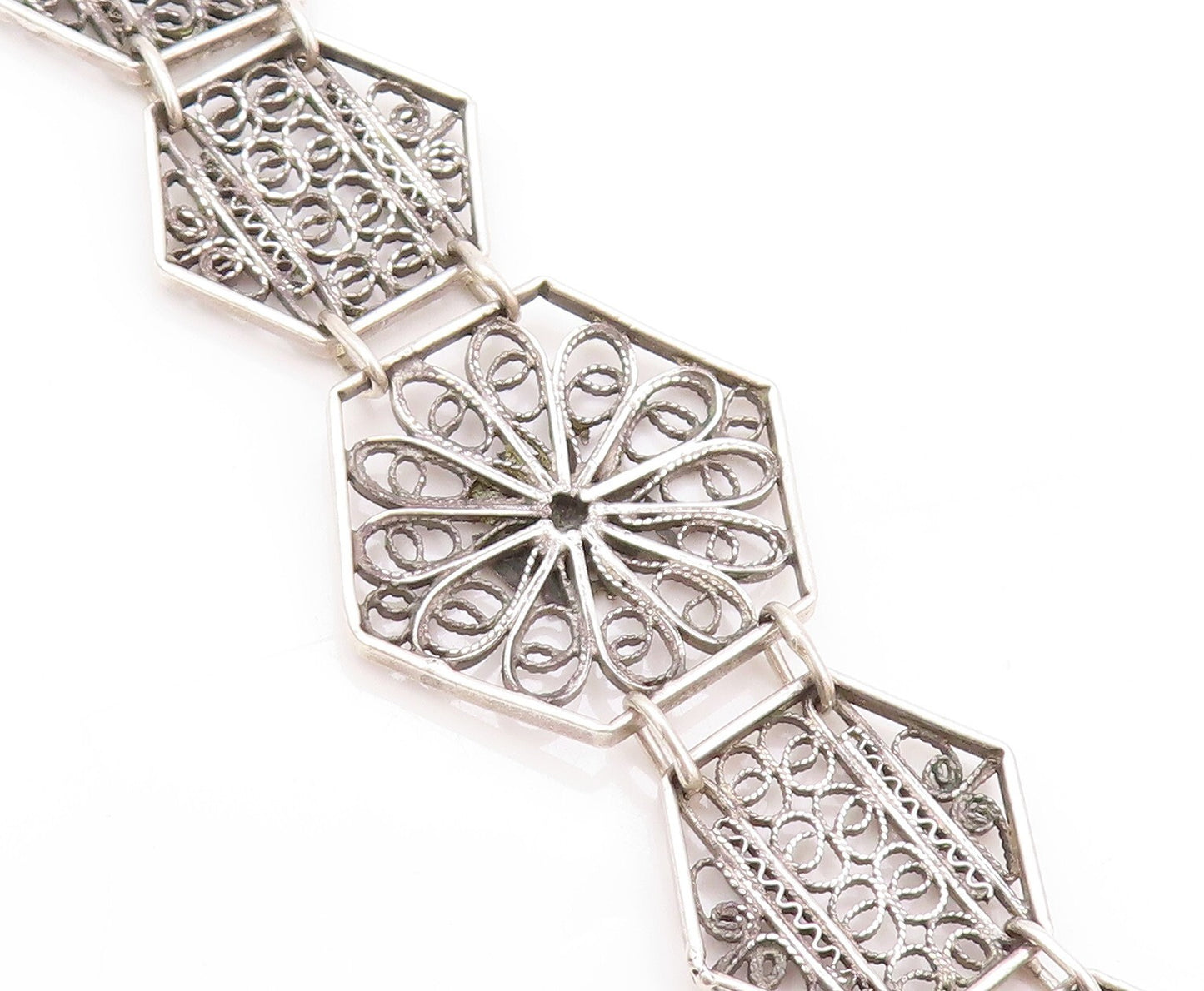 925 Sterling Silver Vintage Bracelet Designer Floral Open Work Band  BT11121