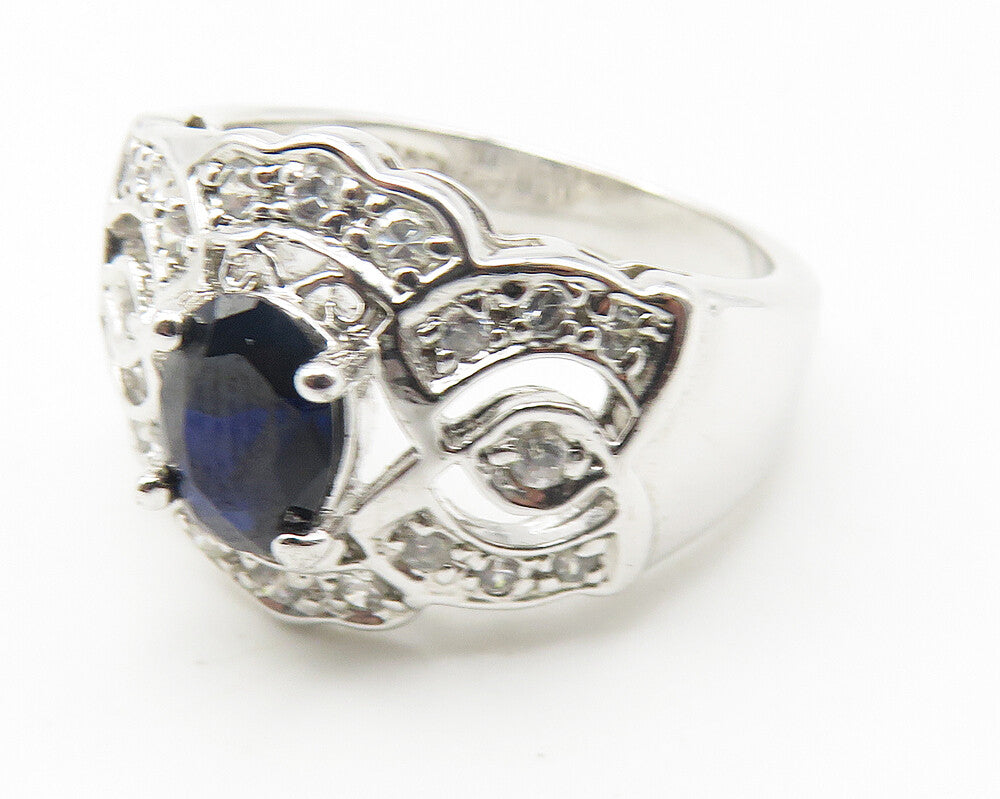 925 Sterling Silver  Hematite & Topaz Shiny Cutout Band Ring Sz 6  RG11465