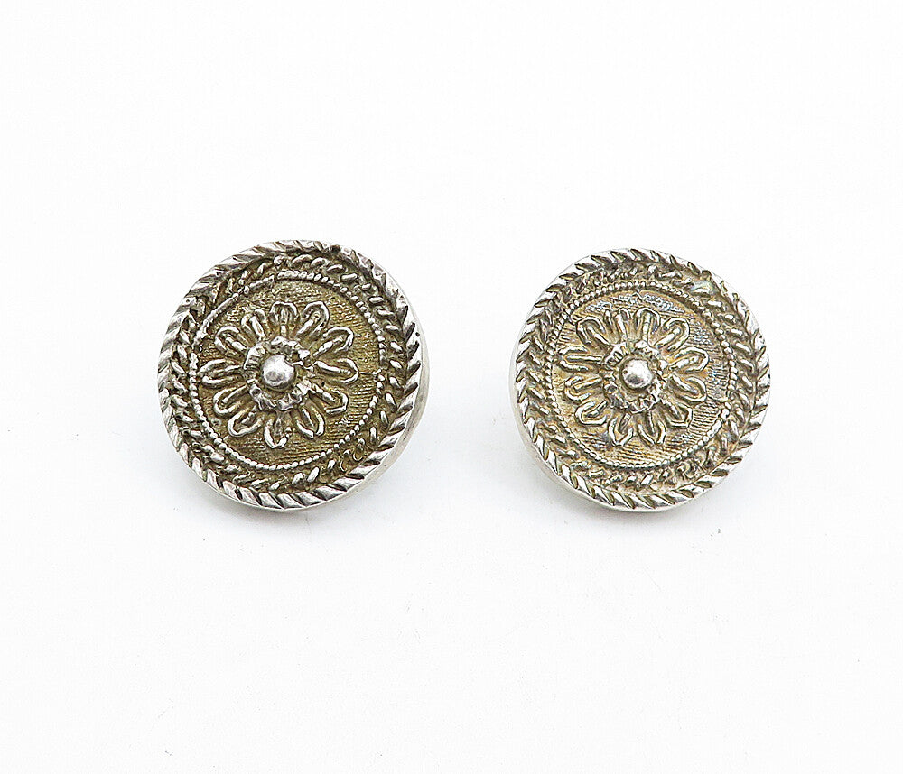 925 Sterling Silver  Vintage Antique Round Floral Button Drop Earrings  EG2630