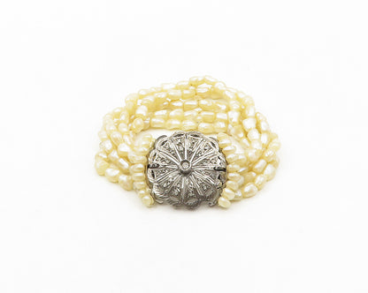 925 Silver Vintage Antique Genuine Diamonds & Pearls Floral Bracelet  BT7696