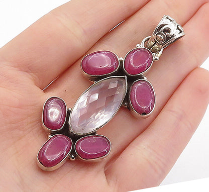 925 Sterling Silver  Vintage Faceted Topaz & Ruby Cluster Drop Pendant  PT4574