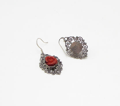 925 Sterling Silver  Vintage Sculpted Floral Filigree Dangle Earrings  EG1931