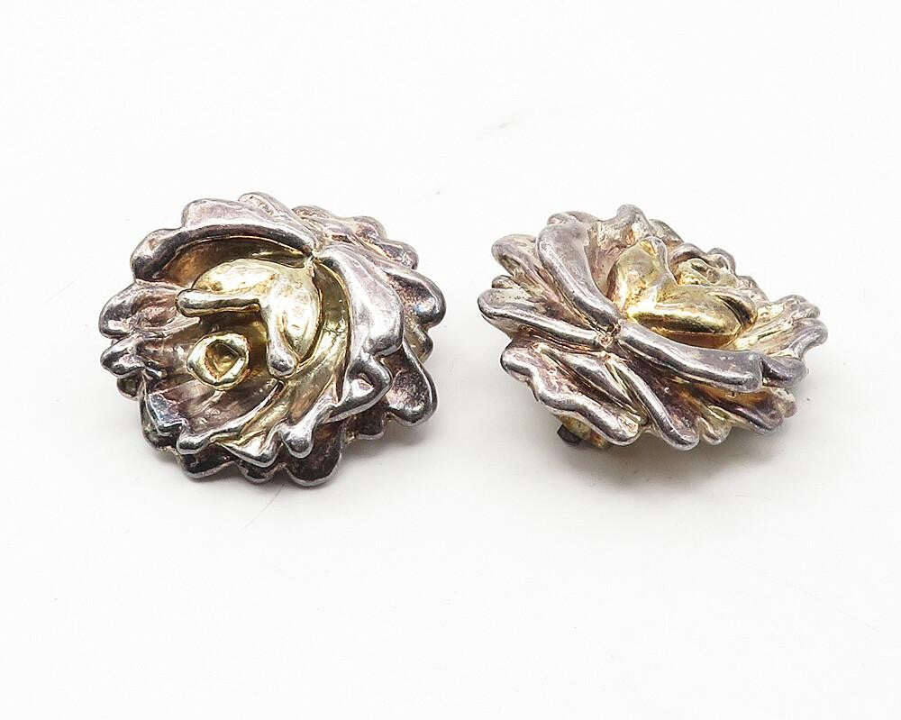 925 Sterling Silver  Vintage Sculpted Flower Motif Non Pierce Earrings  EG5871