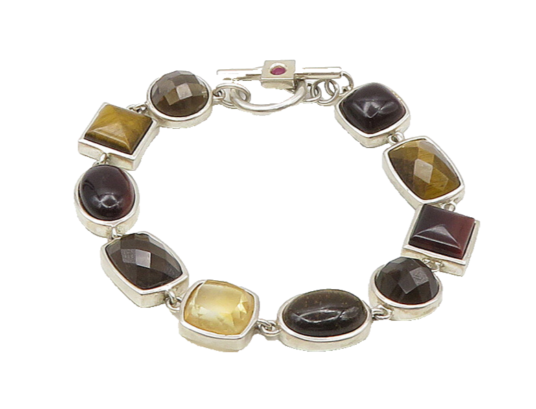ELLE 925 Silver  Vintage Tiger's Eye Topaz & Quartz Chain Bracelet  BT8589