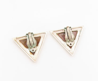 925 Sterling Silver Vintage Earrings Multi Gemstone Triangular Clip On  EG13801