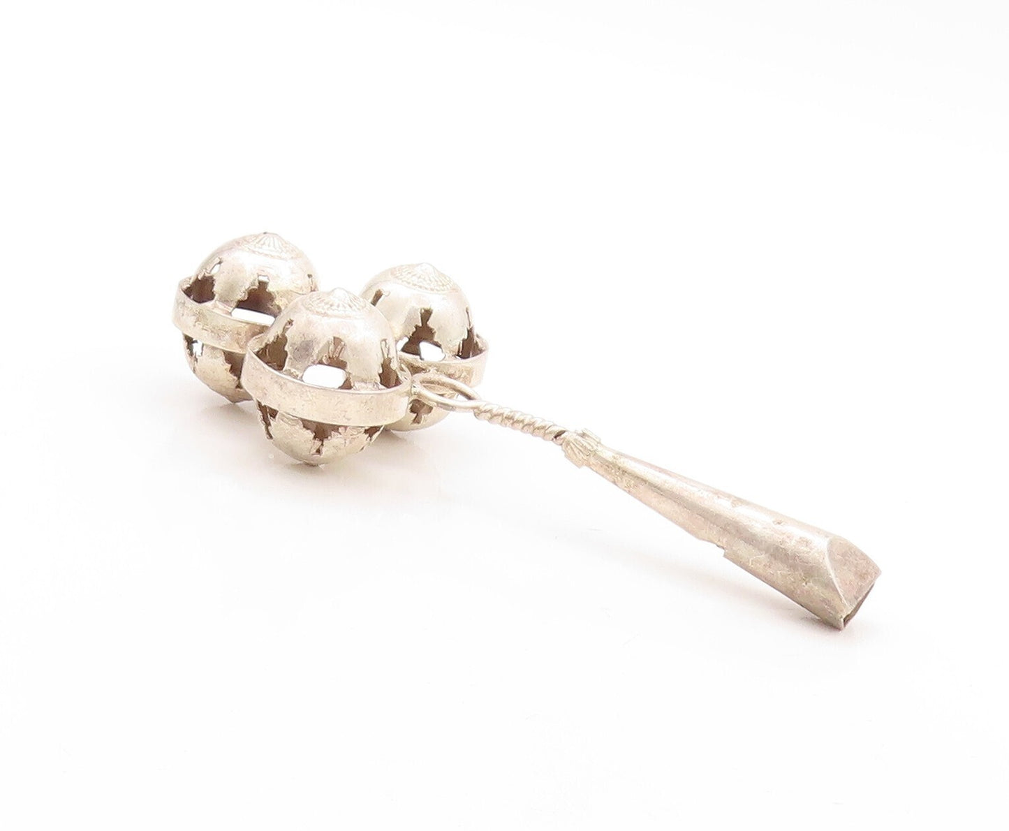 925 Sterling Silver Vintage Toy Solid Carved Rattling Baby Rattle  TR3813