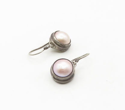 925 Sterling Silver  Vintage Shiny Pink Pearl Dome Dangle Earrings  EG8403