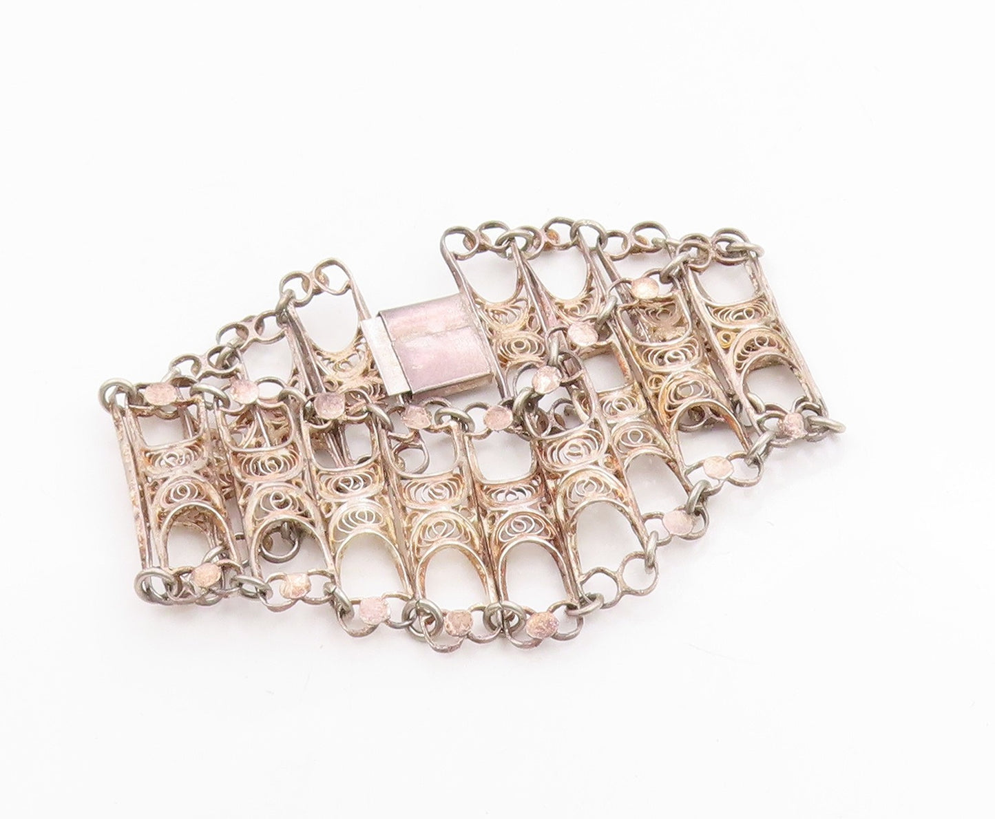 925 Sterling Silver Vintage Bracelet Intricate Filigree Wide Panel Link  BT12040