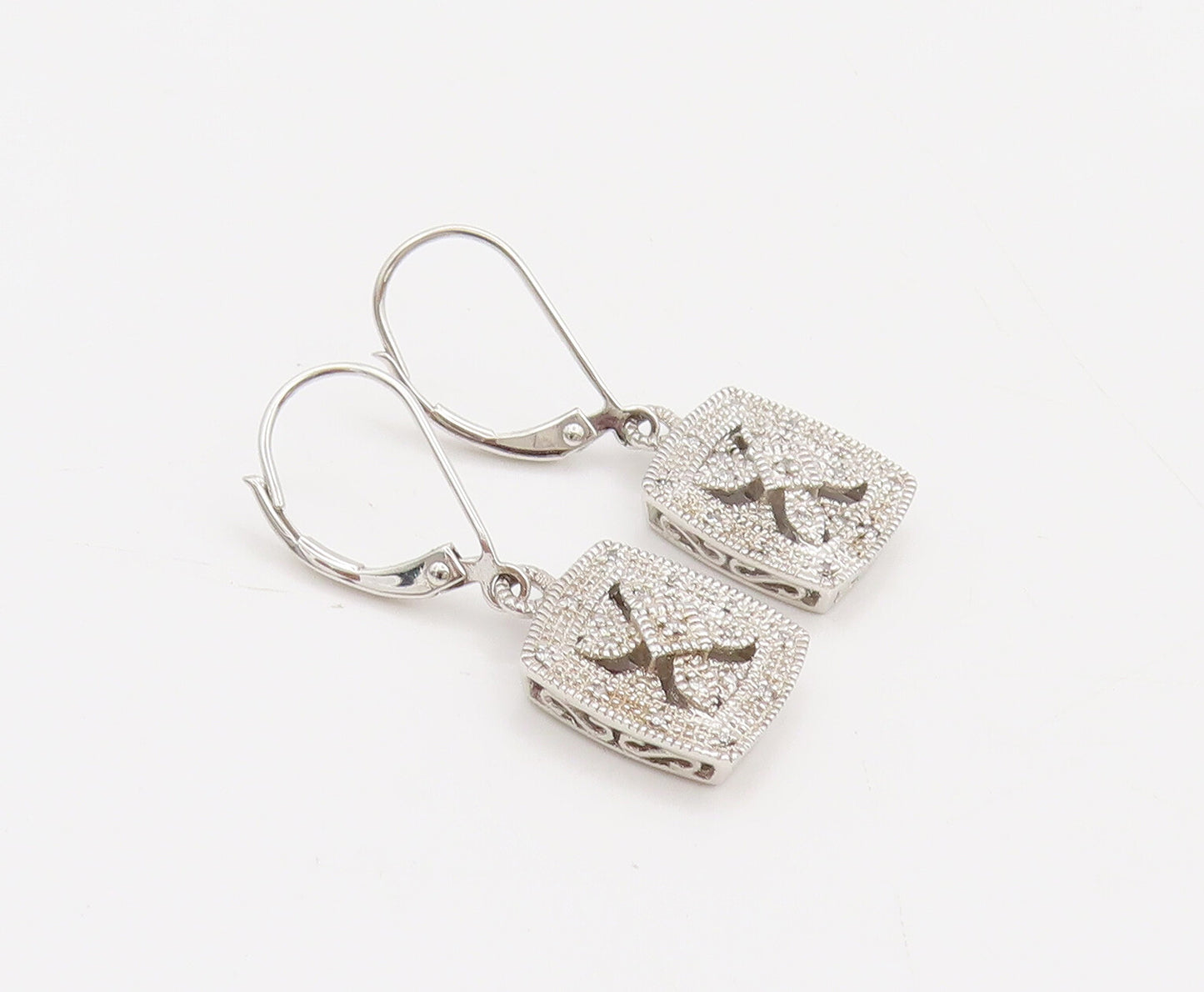 925 Silver  Vintage Square Cutout Petals Diamonds Dangling Earrings  EG12521
