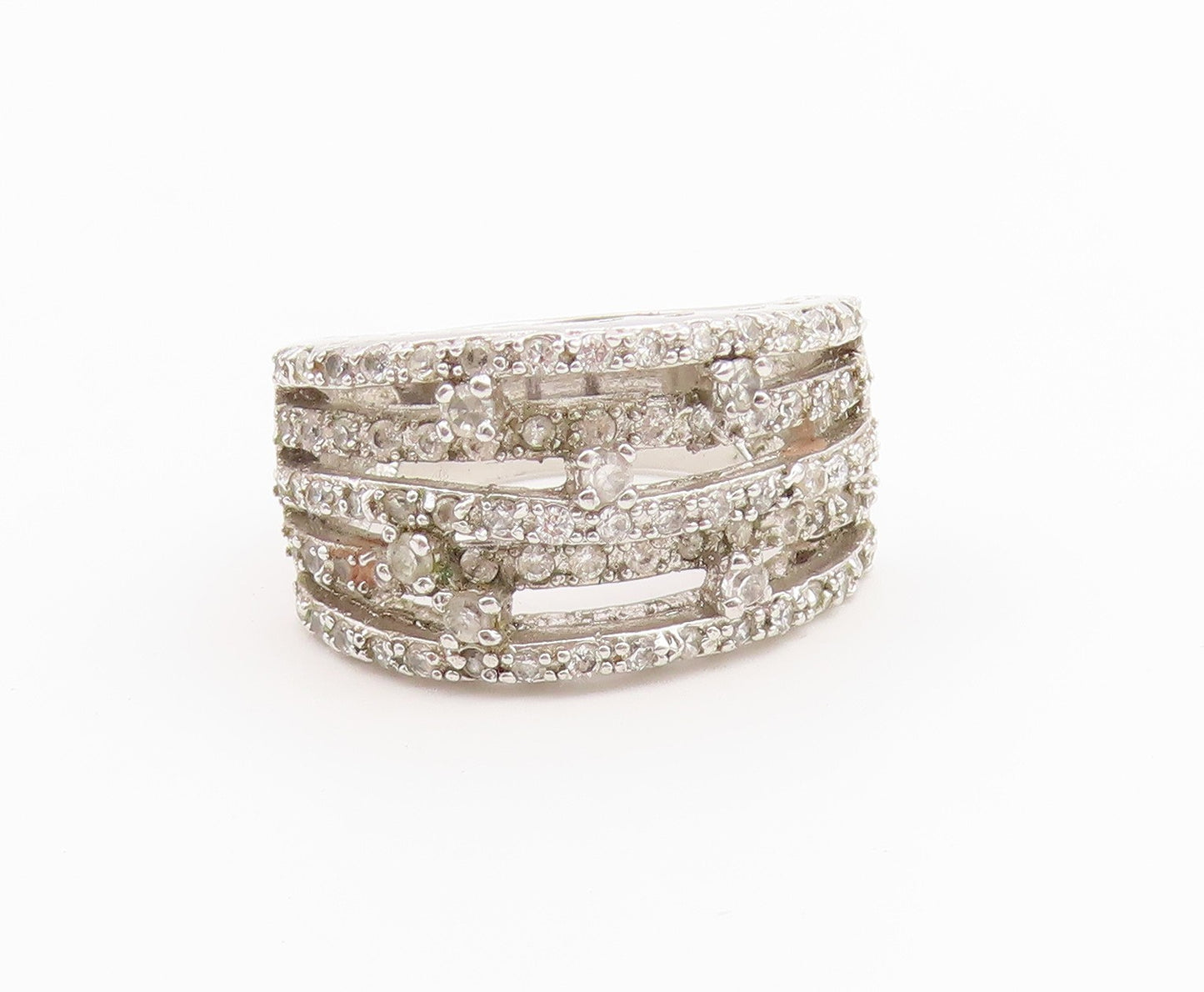 925 Sterling Silver Vintage Ring Multi Row CZ Pave Statement Band  Sz 8  RG36731