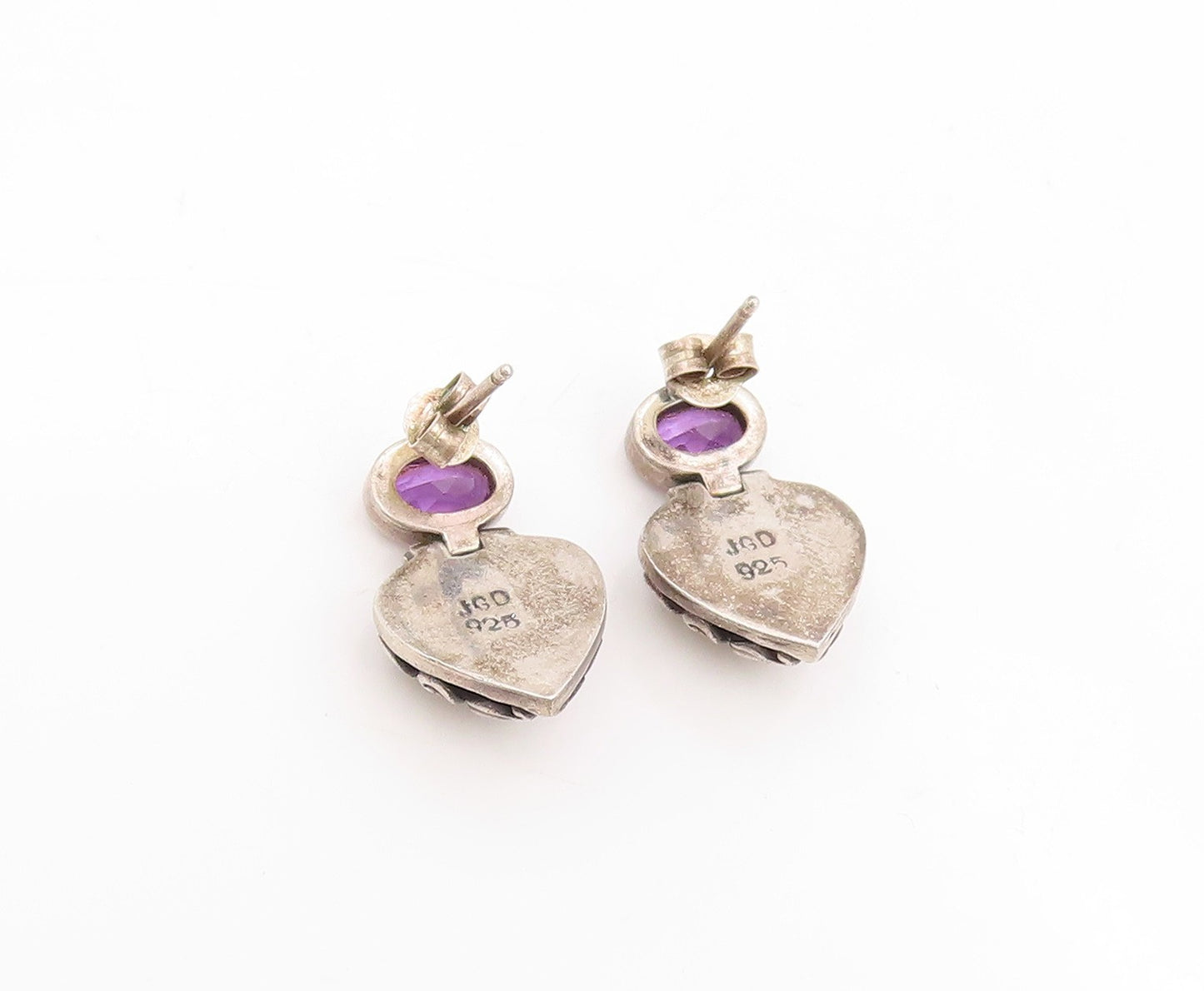 925 Sterling Silver Vintage Earrings JANICE GIRARDI Amethyst Love Heart  EG14030