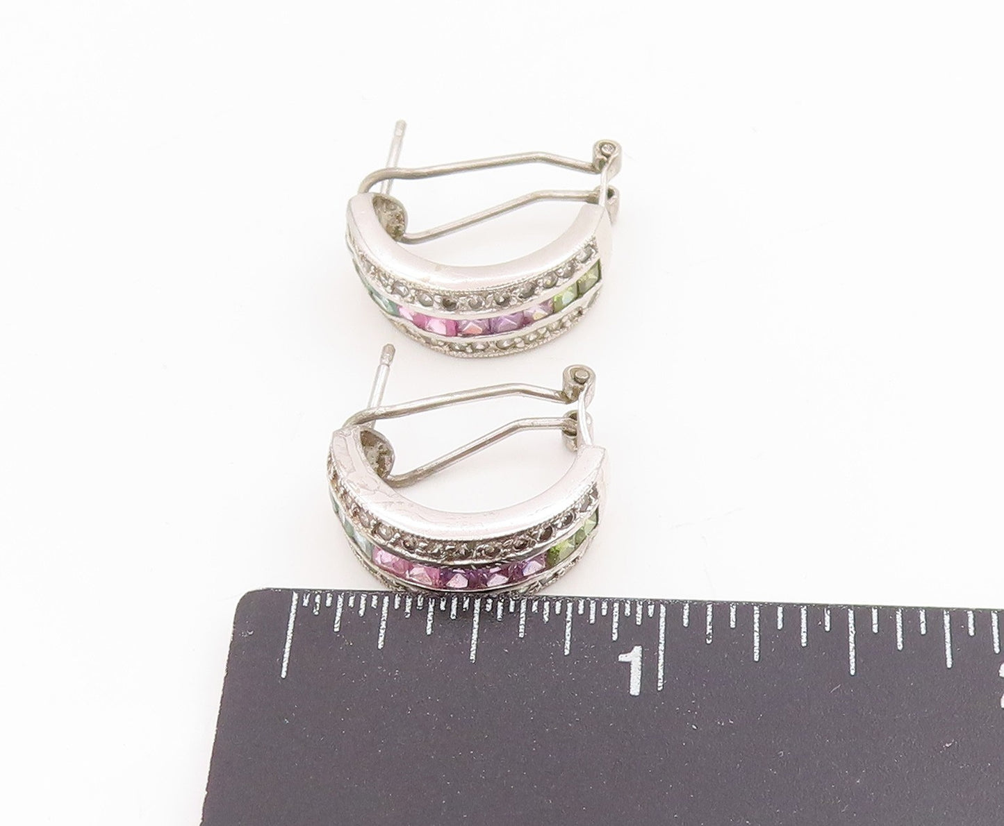 925 Sterling Silver Vintage Earrings Multi Gemstone Channel Set Hoops  EG13740