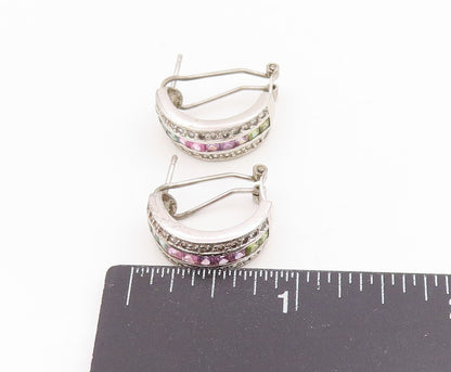 925 Sterling Silver Vintage Earrings Multi Gemstone Channel Set Hoops  EG13740
