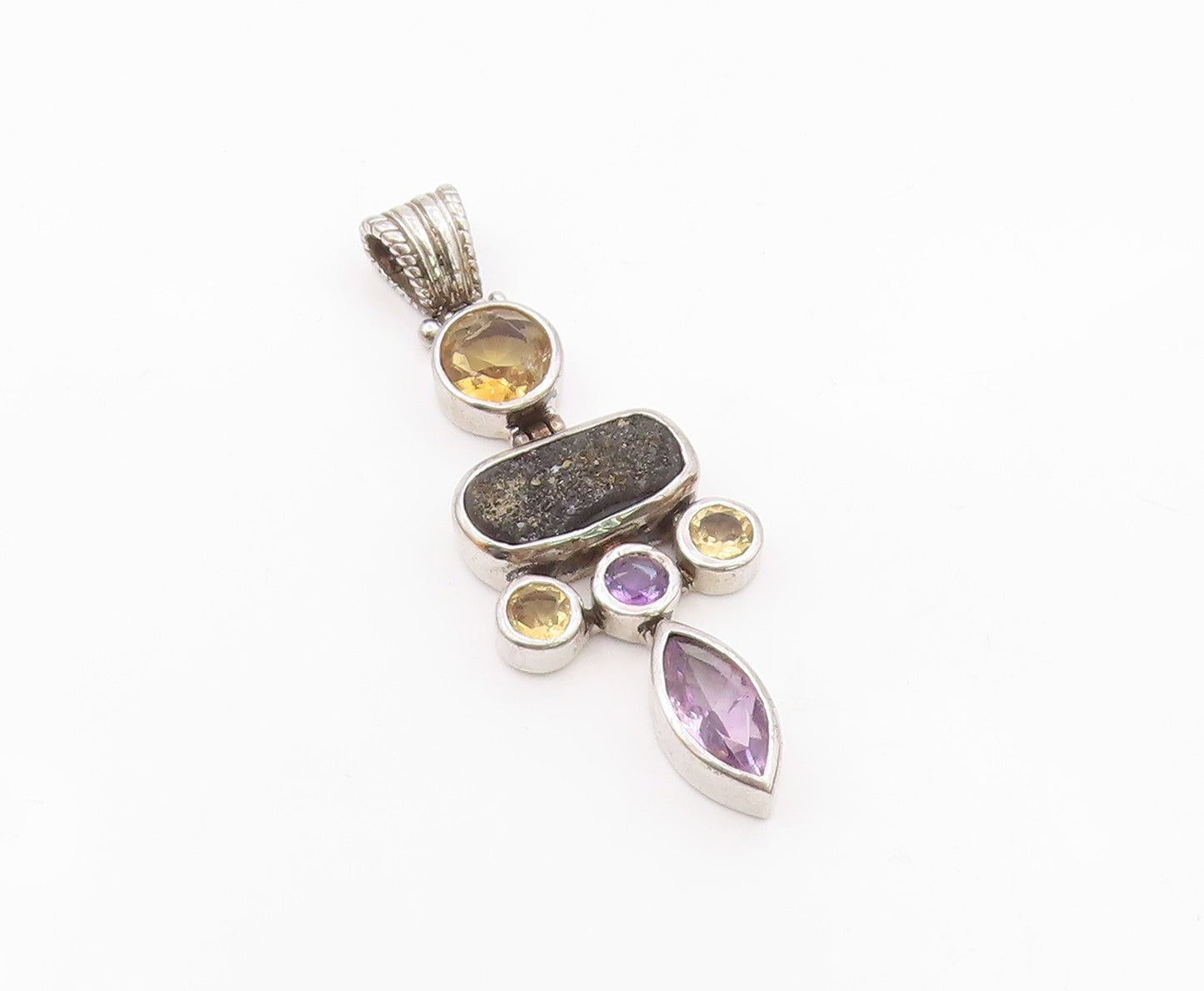 925 Sterling Silver  Vintage Amethyst Citrine & Druzy Hinge Pendant  PT17992
