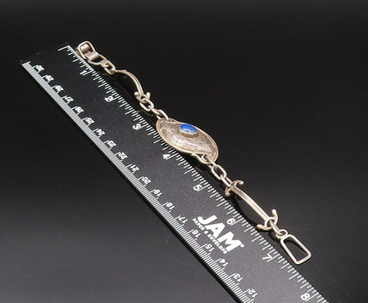 925 Silver  Vintage Etched Lines Lapis Lazuli Dome Chain Bracelet  BT9765