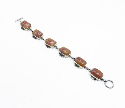 925 Sterling Silver  Vintage Cabochon Cut Carnelian Chain Bracelet  BT3146