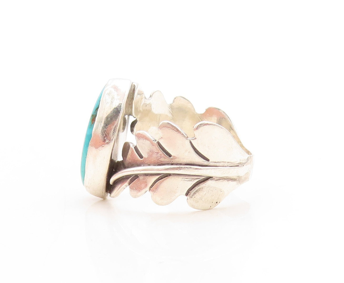 925 Sterling Silver Vintage Ring Cutout Leaf Band Oval Turquoise  Sz 8.5 RG31633