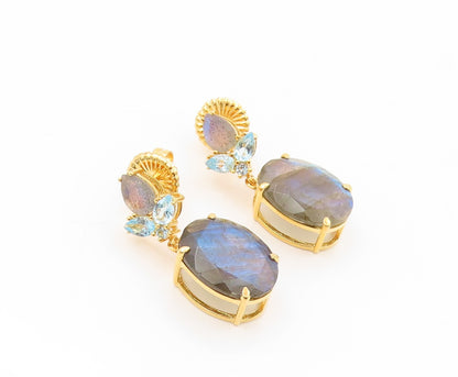 925 Sterling Silver Vintage Earrings Gold Plated Labradorite & Topaz  EG13380