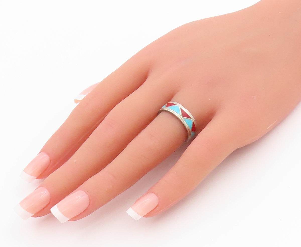 925 Sterling Silver Vintage Ring Triangle Larimar & Gemstone Inlay Sz 7  RG33185