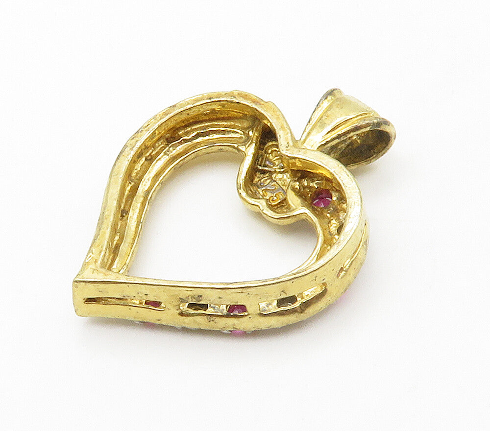 925 Sterling Silver  Vintage Genuine Diamonds & Ruby Heart Pendant  PT11823