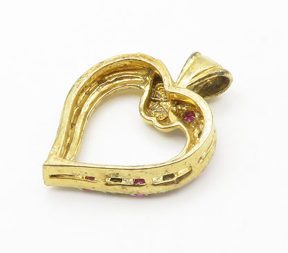 925 Sterling Silver  Vintage Genuine Diamonds & Ruby Heart Pendant  PT11823