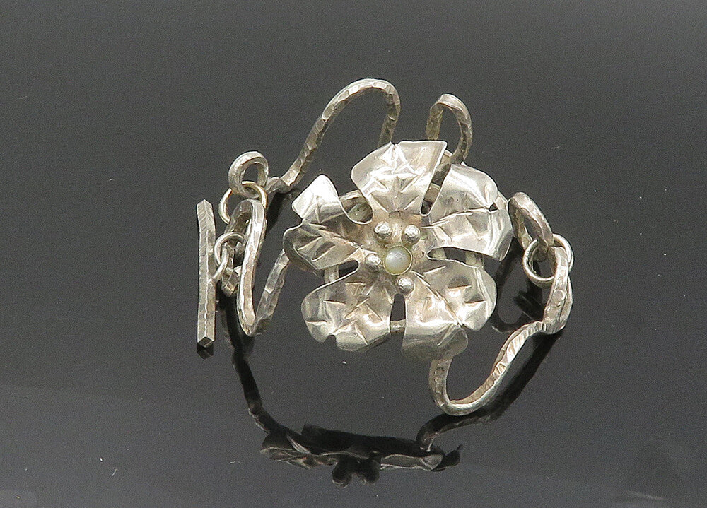 925 Sterling Silver  Vintage Mother Of Pearl Flower Chain Bracelet  BT8249